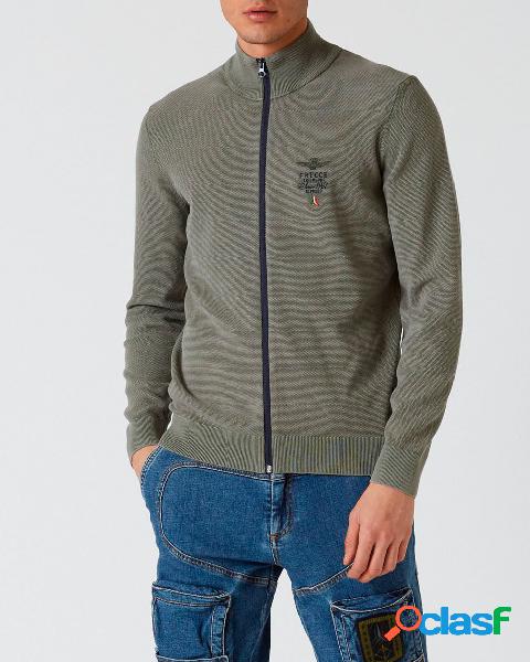 Maglia verde militare in cotone punto pepe con chiusura zip