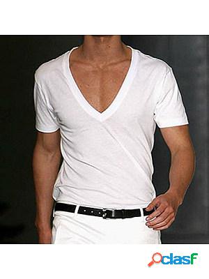 Mens Basic White Deep V-Neck Cotton Short Sleeve T-Shirt