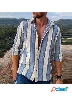 Men's Cotton Linen Vintage Stripe Chest Pocket Long Sleeve