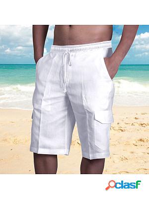 Mens Linen Double Pocket Tethered Beach Cargo Shorts