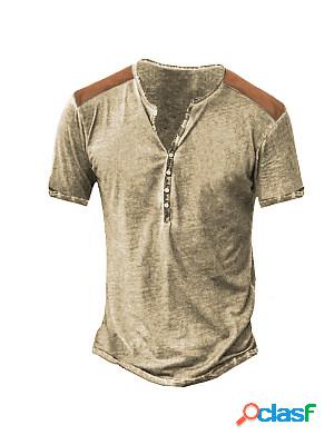 Mens Retro Stitching Color Contrast Henley Short Sleeve
