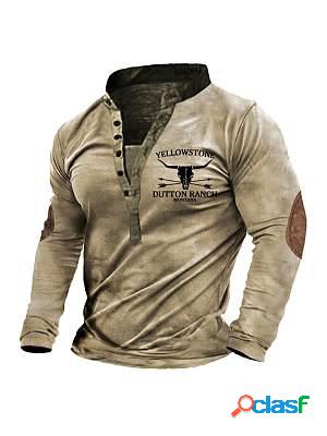 Mens Vintage Yellowstone Skull Henley Long Sleeve T-Shirt