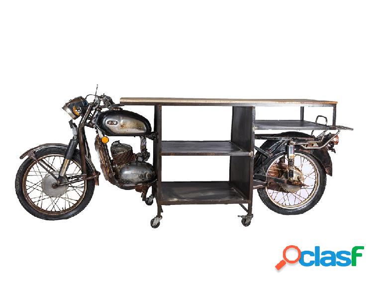 Mobile moto vintage con piano in legno e ripiani in metallo