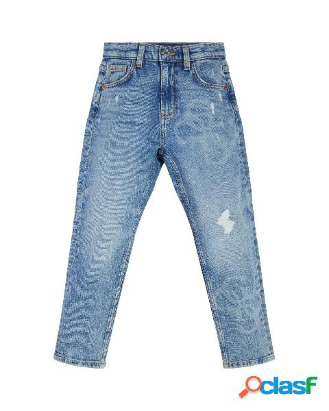 Mom jeans in cotone stretch con rotture e maxi logo monogram