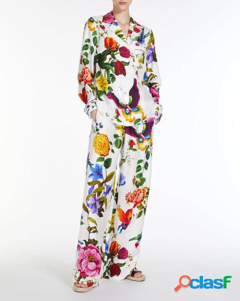 Pantaloni palazzo bianchi in twill di seta con stampa