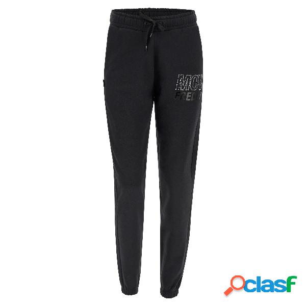 Pantaloni sportivi slim con grafica in strass e nero lucido