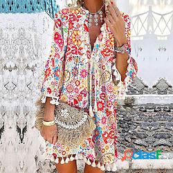 Per donna Abito boho Mini abito Rosso Blu Verde Manica a 3/4
