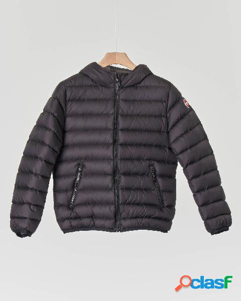 Piumino nero con cappuccio fisso e interno grigio 8-10 anni