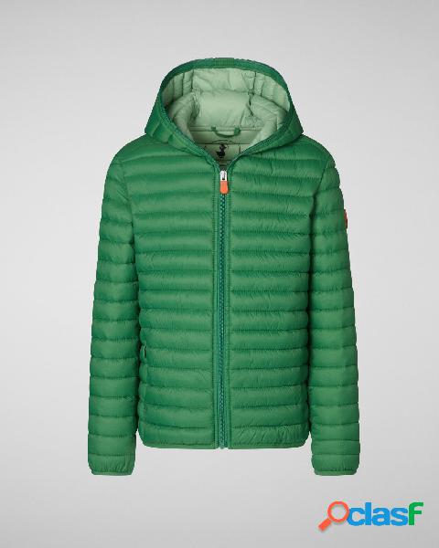 Piumino verde Huey con cappuccio fisso in nylon opaco