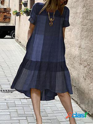Plaid Short Sleeves Casual Round Neck Loose Midi Dress