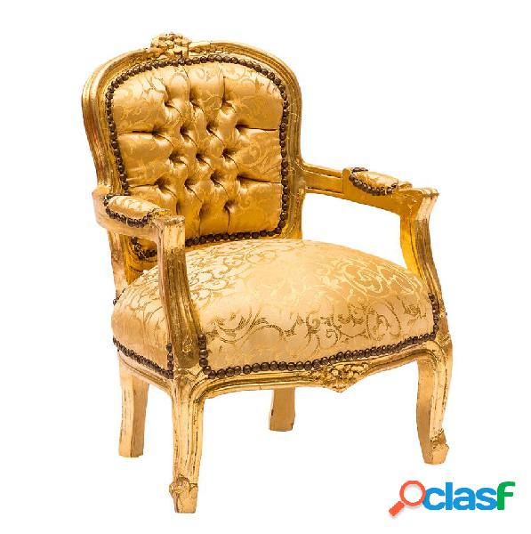 Poltrona bimbo barocco in legno color oro seduta in tessuto