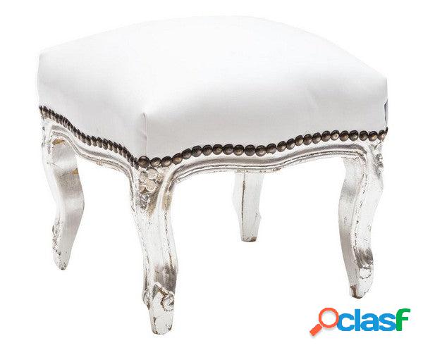 Pouf barocco quadrato in legno color argento ecopelle bianca