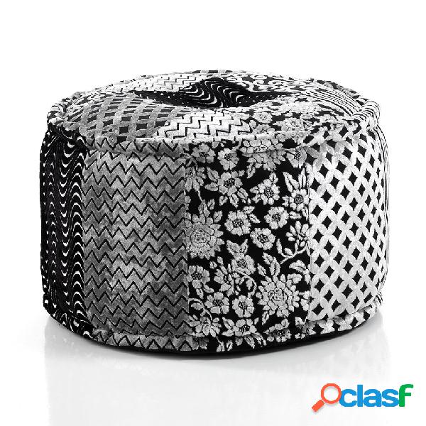 Pouf moderno tondo rivestito in tessuto patchwork bianco e