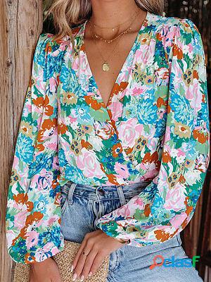 Printed Deep V-neck Lantern Sleeve Long-sleeved Loose Casual