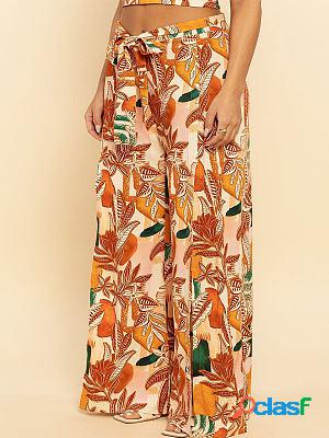 Printed Lace-up Bohemian Vacation Casual Slit Wide-leg