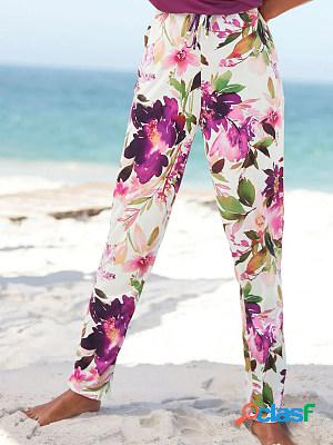 Printed Pockets Elastic Waist Straight Pants