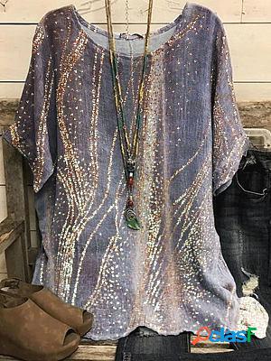 Round Neck Casual Loose Bronzing Line Printing Short-sleeved