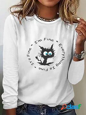 Round Neck Casual Loose Cat Print Short Sleeve T-Shirt