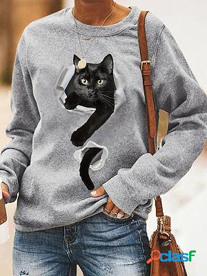 Round Neck Casual Loose Cat Print Sweatshirt