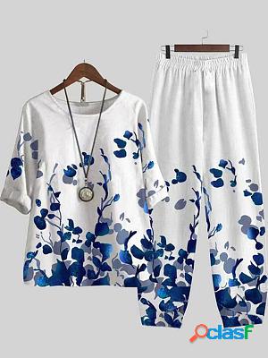 Round Neck Casual Loose Cotton Linen Floral Print Suit