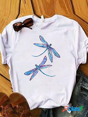 Round Neck Casual Loose Dragonfly Print Short Sleeve T-Shirt