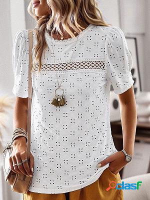 Round Neck Casual Loose Embroidery Hollow Short-sleeved