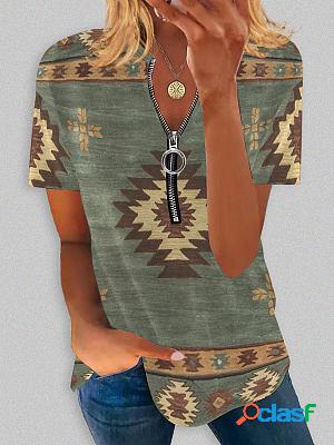 Round Neck Casual Loose Ethnic Geometric Print Short-sleeved