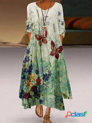 Round Neck Casual Loose Floral Print Long Sleeve Maxi Dress