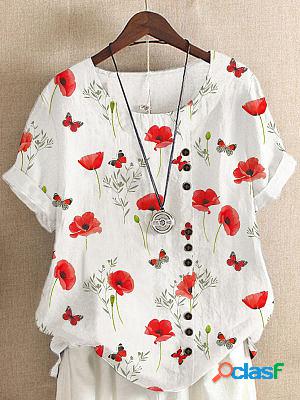 Round Neck Casual Loose Floral Print Short Sleeve Blouse