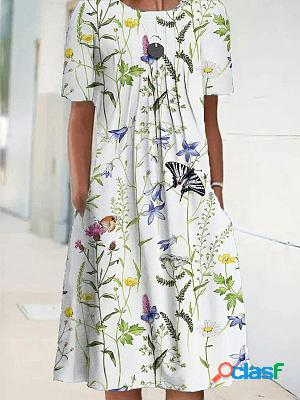 Round Neck Casual Loose Floral Print Short Sleeve Midi Dress