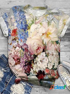 Round Neck Casual Loose Floral Print Short Sleeve T-Shirt