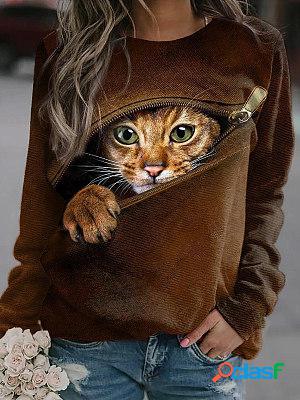 Round Neck Casual Loose Home Cat Print Sweatshirt