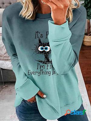 Round Neck Casual Loose Lettering Cat Print Sweatshirt