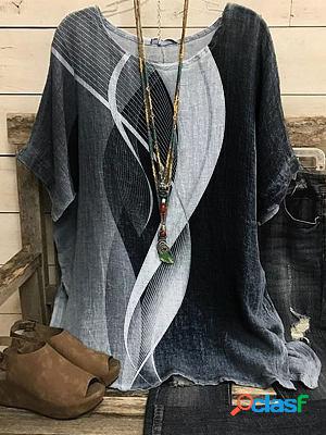 Round Neck Casual Loose Line Printed Short-sleeved Blouse