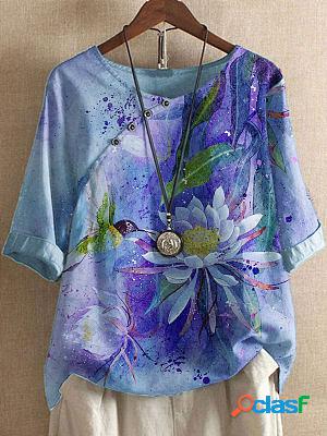 Round Neck Casual Loose Lotus Print Short-sleeved Blouse