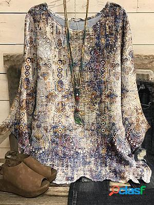 Round Neck Casual Loose Retro Printed Long-sleeved Blouse