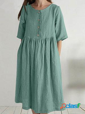 Round Neck Casual Loose Solid Color Short-sleeved Midi Dress