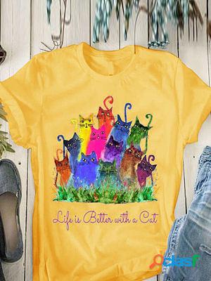 Round Neck Color Animal Cat Print T-Shirt