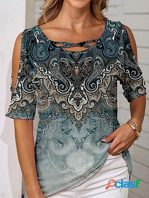 Round Neck Hollow Casual Loose Retro Print Short-sleeved