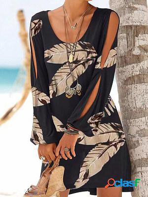 Round Neck Long Sleeves Printed Short Dress