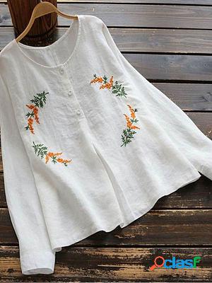 Round Neck Loose Casual Embroidered Long Sleeve Blouse