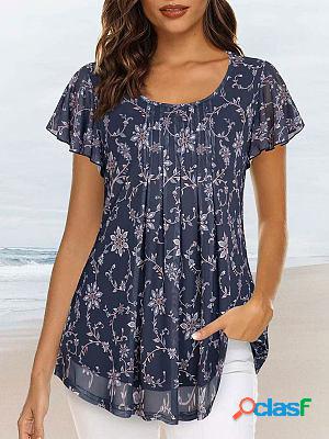 Round Neck Loose Casual Floral Print Short Sleeve T-shirt