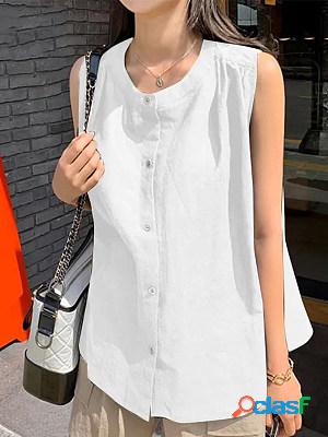 Round Neck Sleeveless Solid Linen T-shirts