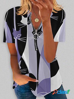 Round Neck Zipper Casual Loose Cat Print Short Sleeve