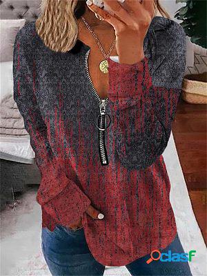 Round Neck Zipper Casual Loose Retro Print Sweatshirt