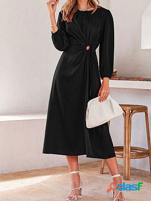 Satin Puff Sleeve Round Neck Hollow Casual A-line Shift