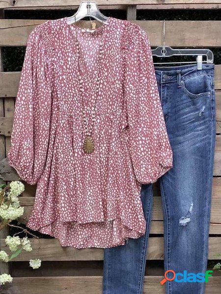 Sciolto Astratto a pois Scollo a V Camicia