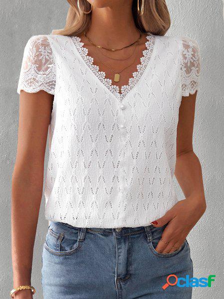 Sciolto Poliestere Cotone Scollo a V Casuale Camicia