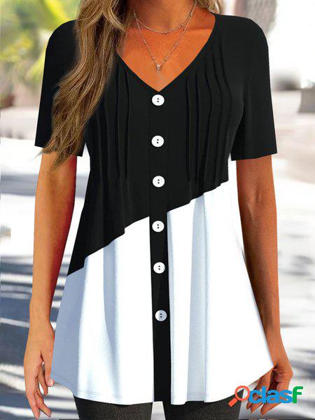 Scollo a V Jersey Fibbia Casuale Colore-block Camicetta