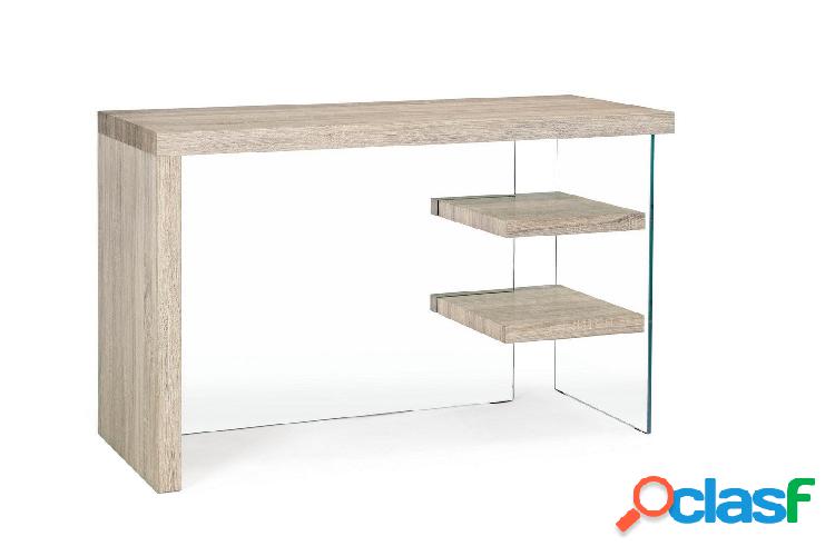 Scrivania design da ufficio in legno e vetro con 2 mensole